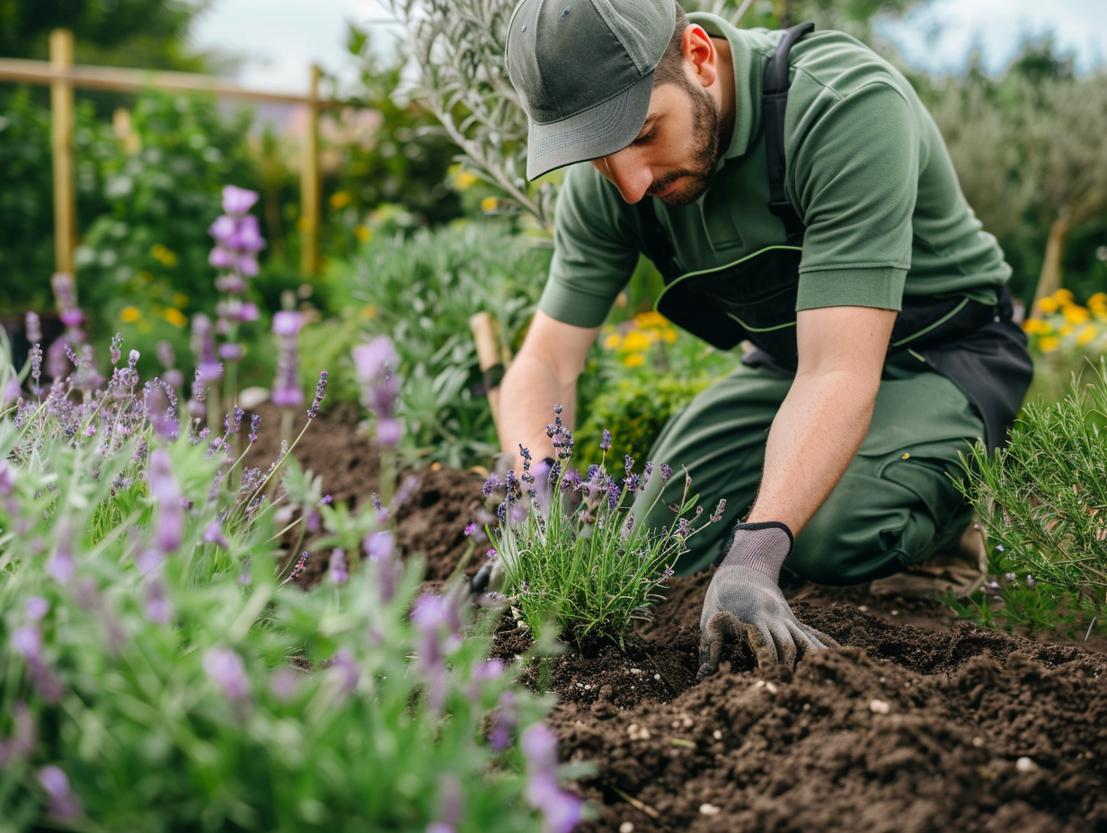 Landscaper in branded workwear kneeling and planting