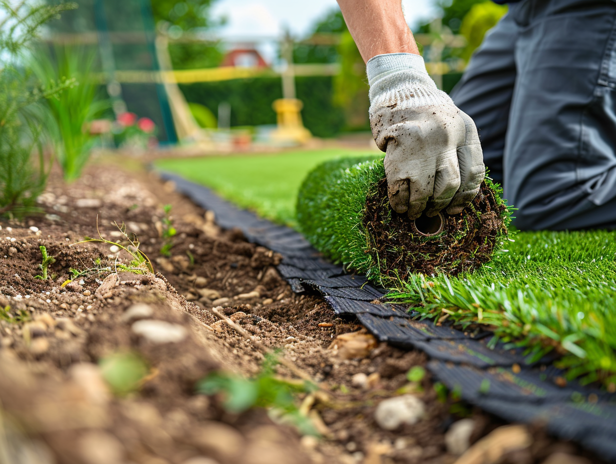 Professional landscaper laying fresh turf rolls in a UK garden