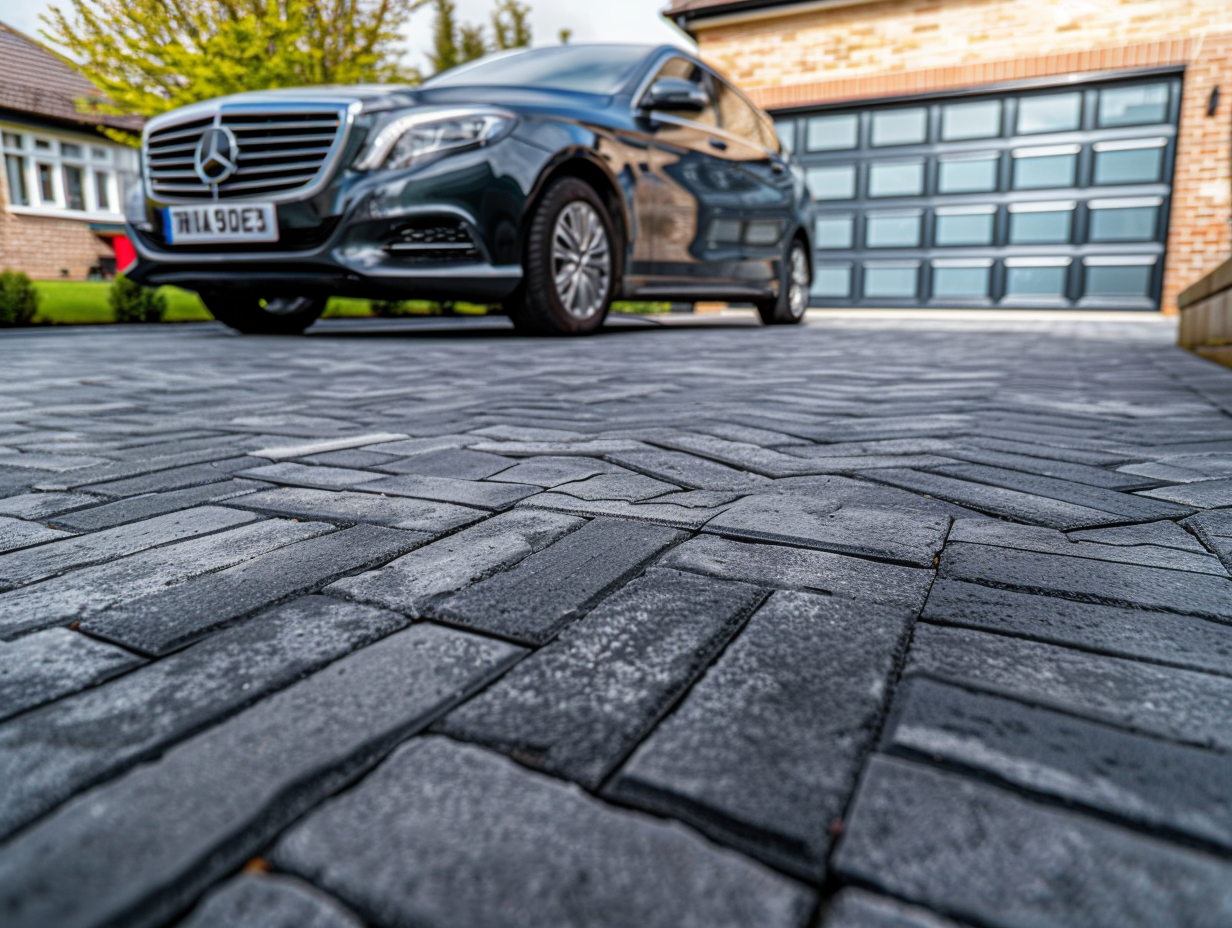 Freshly completed block paving driveway outside a UK home