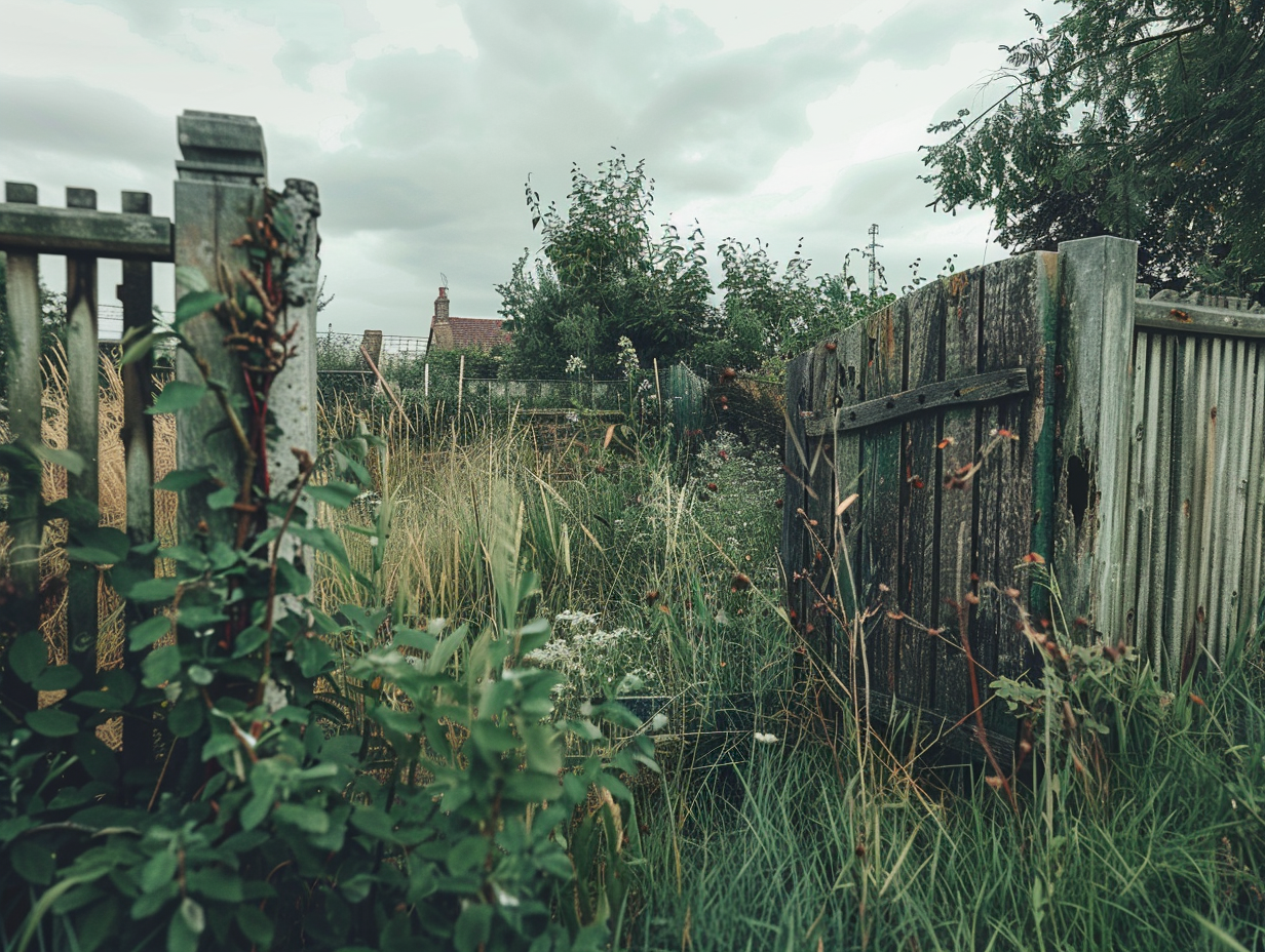 Overgrown UK back garden before landscaping