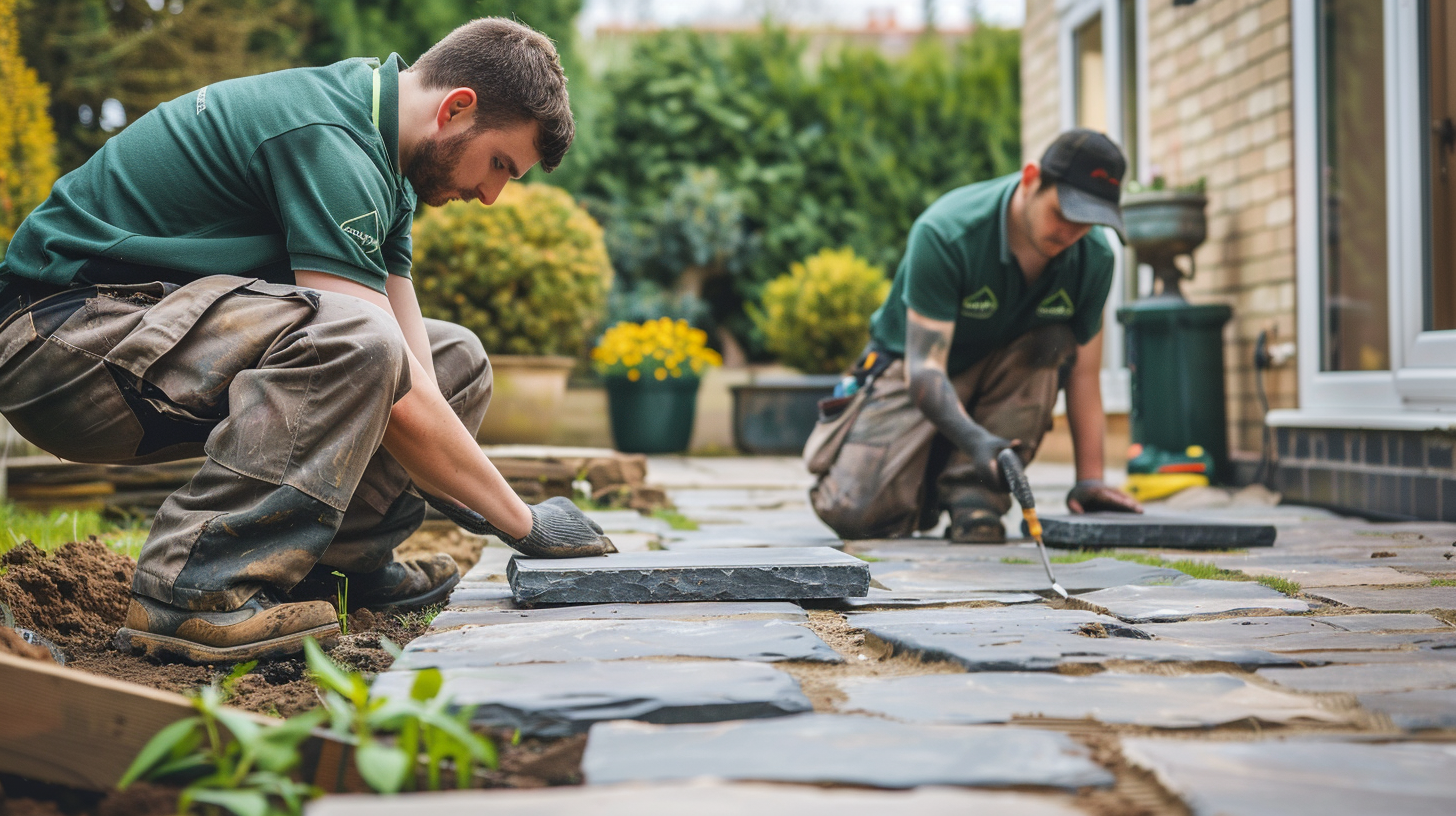 Two male landscapers in matching green branded polo shirts